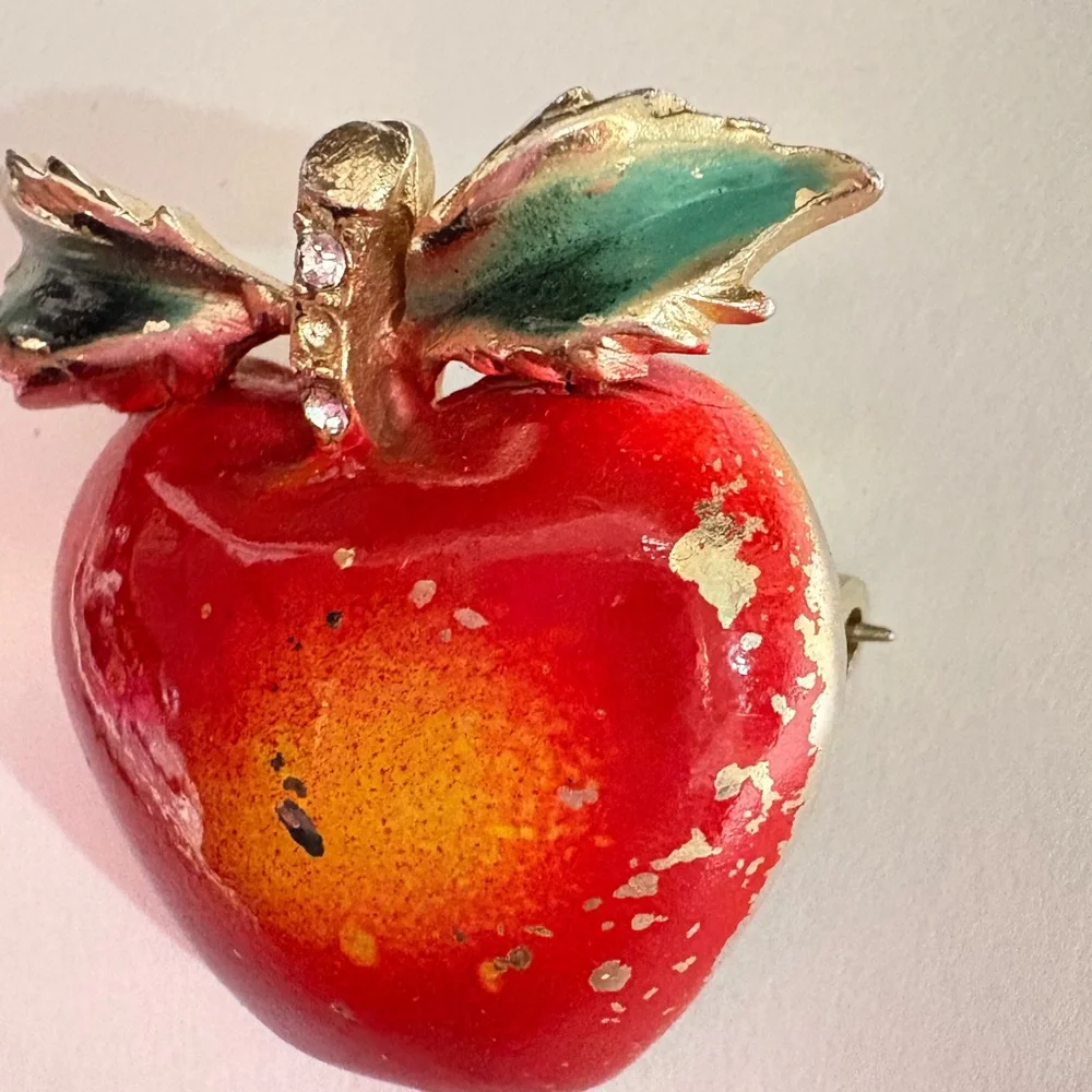 Vintage distressed Red and Green Apple Brooch